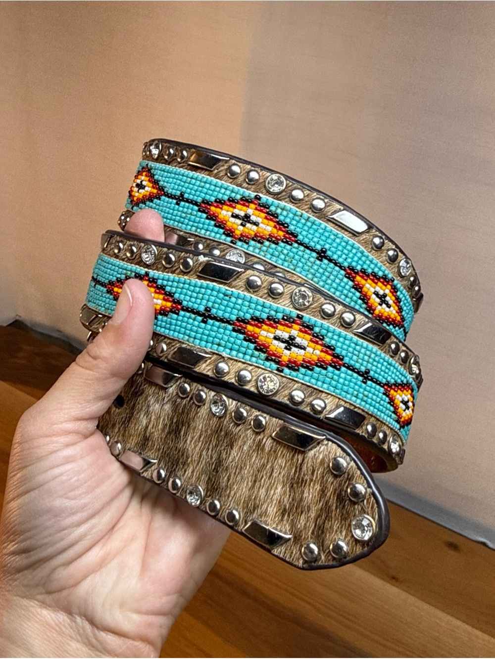 Ariat Leather Beaded Rhinestone Bare Belt Sz L Hide Hair Western Turquoise Boho - Picture 2 of 16